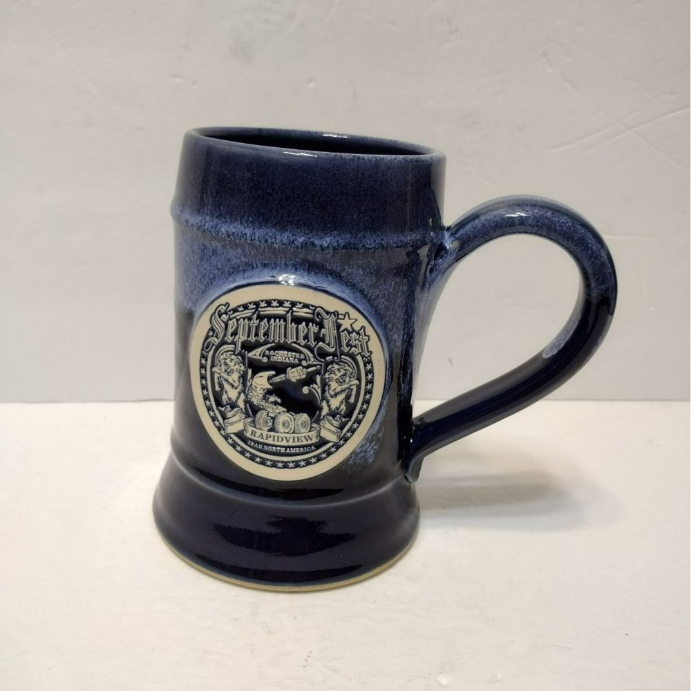 September Fest Grey Fox Pottery USA 20oz Beer Mug Handmade Blue Stein Festival